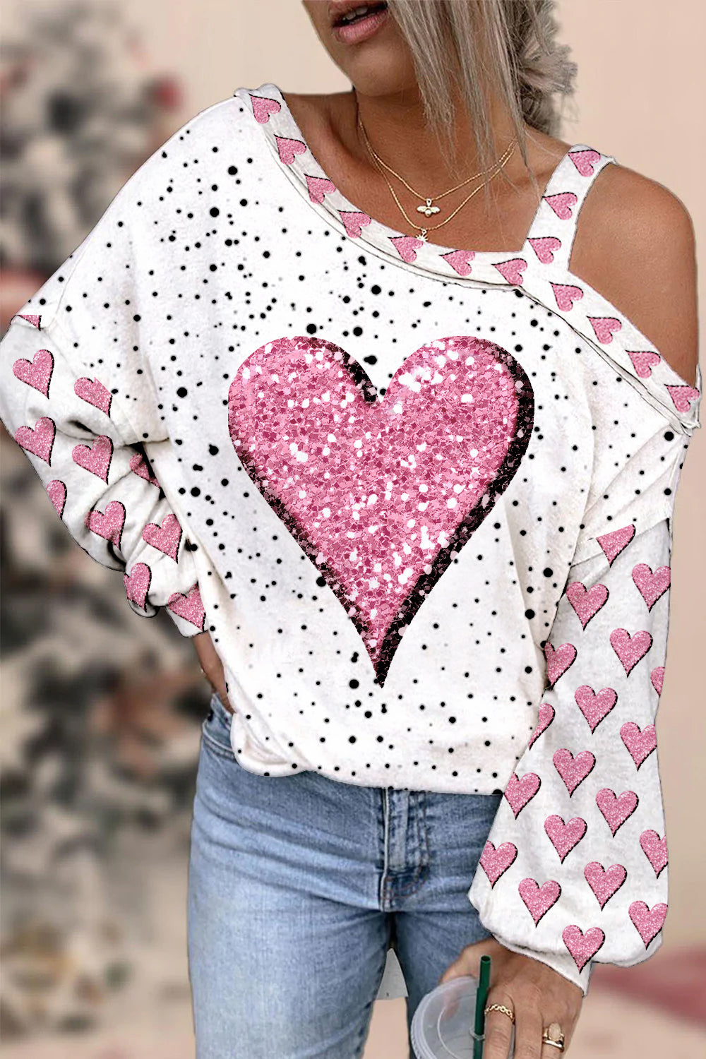 Pink Diamond Heart Print Strapless Off-Shoulder Long-Sleeved Blouse