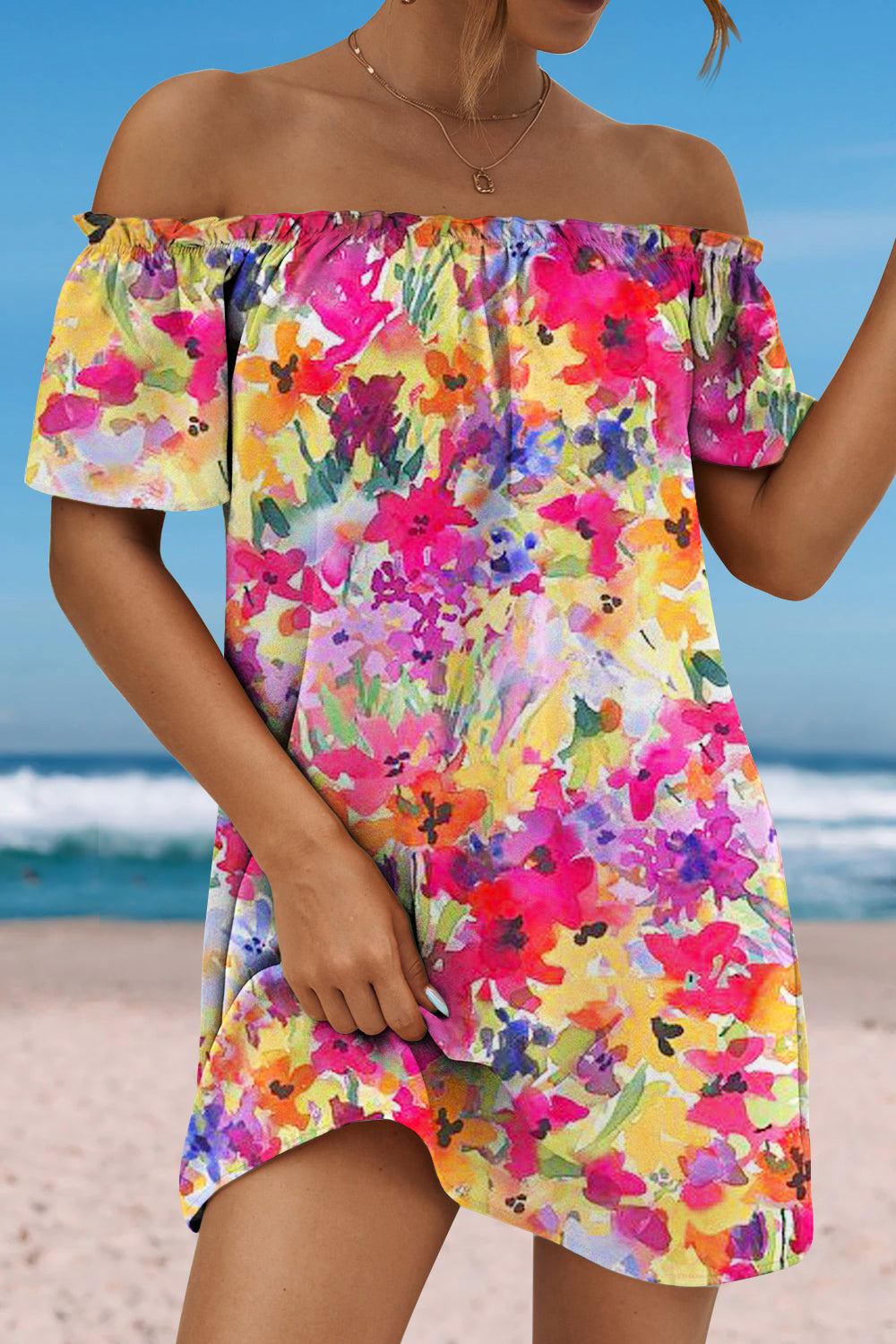 Beach Vacation Romantic Ink Flower Loop Ruffled Boat Neck Strapless Dress