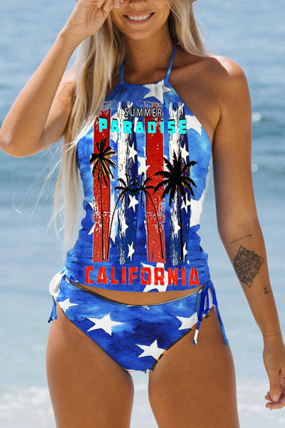 Beach Vacation Vintage Fashion Star & Palm Tree American Flag Print Halter Swimsuit