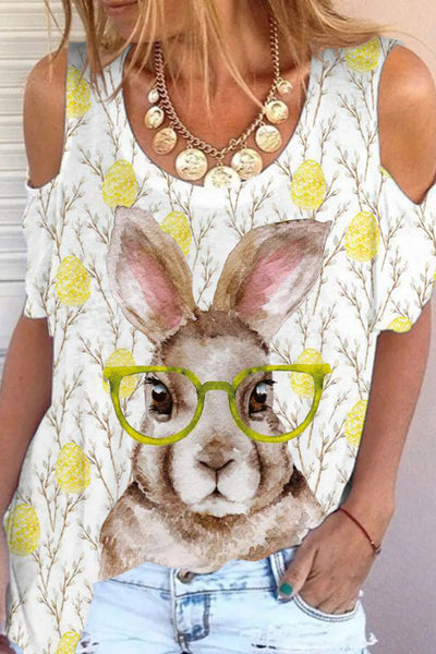 Cute Easter Bunny With Glasses In Easter Eggs Forest Printed Casual Cold Shoulder T-Shirt