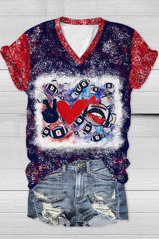 Red & Blue Contrasting Love & Peace Football Printed V Neck T-shirt