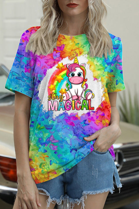 Stay Magical Unicorn Rainbow Tie Dye Printed Round Neck T-shirt