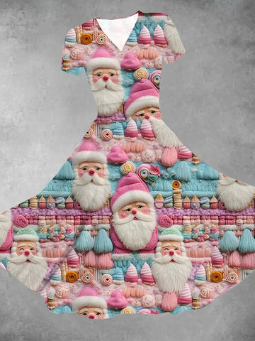 Women's Pink Santa Claus Print Casual Swing Dress