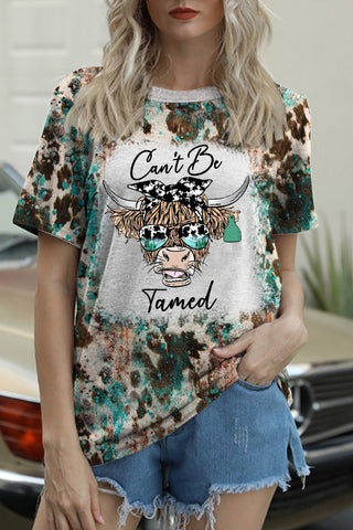 Can't Be Tamed Heifer Highland Cow Turquoise Western Leopard Print Round Neck T-shirt