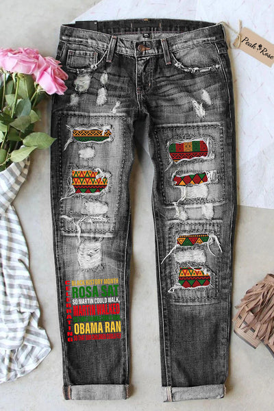 Vintage Black History Month African American Inspiring Printed Ripped Denim Jeans