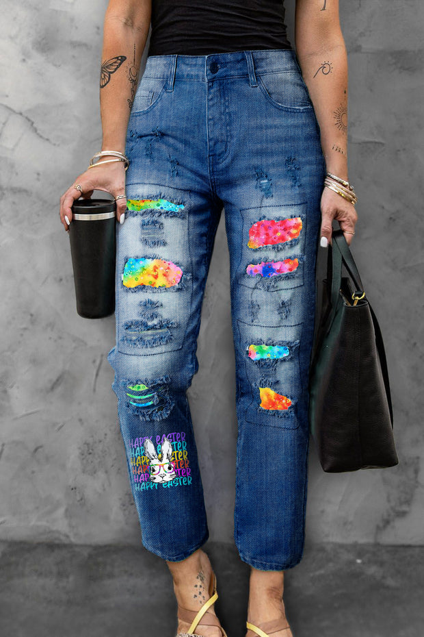 Happy Easter Rainbow Bunny With Glasses Print Ripped Denim Jeans