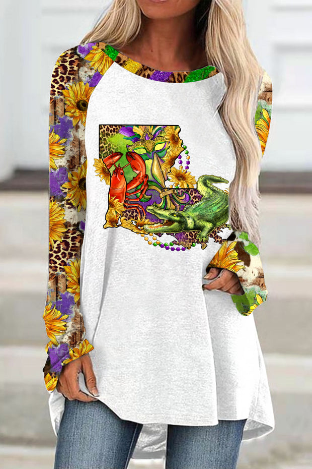 Louisiana Map With Mardi Gras Crocodile Crawfish Western Sunflower Leopard Print Tunic