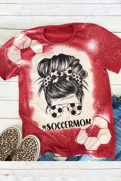Soccer Ball Mom Messy Bun Bleached Print T-Shirt