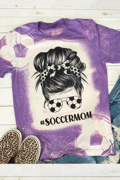 Soccer Ball Mom Messy Bun Bleached Print T-Shirt