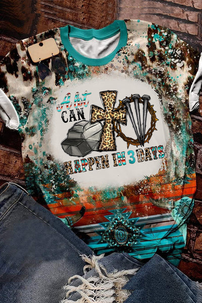 A Lot Can Happen In 3 Days Western Rhinestone Leopard  Easter Cross Printed V Neck Short Sleeve T-shirt