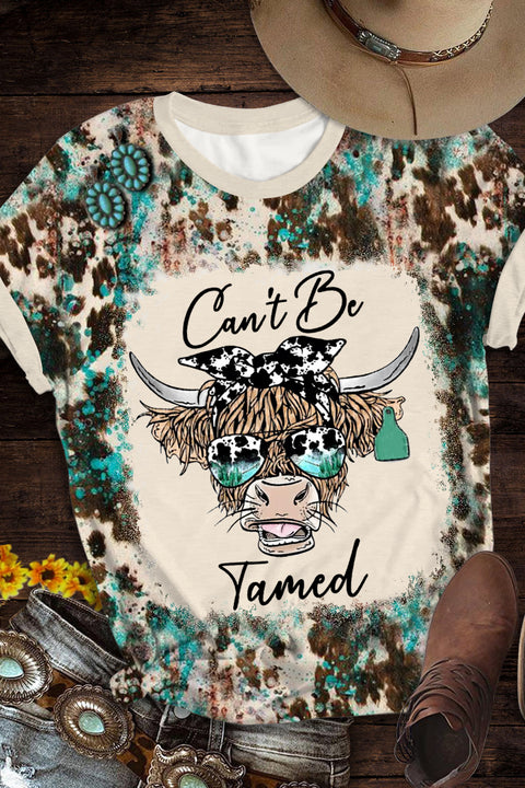 Can't Be Tamed Heifer Highland Cow Turquoise Western Leopard Print Round Neck T-shirt