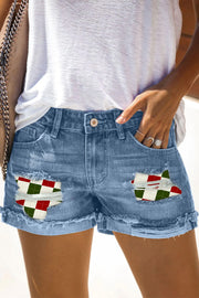 Christmas Plaid Denim Ripped Shorts