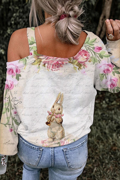 Horn Blowing Musical Instrument Bunny Off Shoulder Blouse