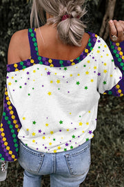 Mardi Gras Fleur De Lis Beads Stars Off-Shoulder Blouse