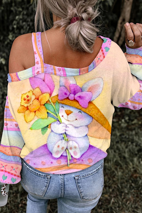 Happy Easter Bunny Sit On Colorful Easter Egg Printed Off-Shoulder Blouse