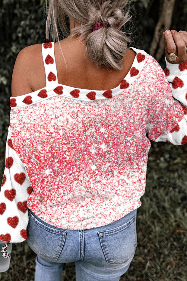 Full Love Glitter Overlapping Heart Off-shoulder Blouse