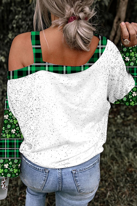 Shamrocks Smiling Face Lucky Happy St Patricks Leopard Glitter Off-shoulder Blouse