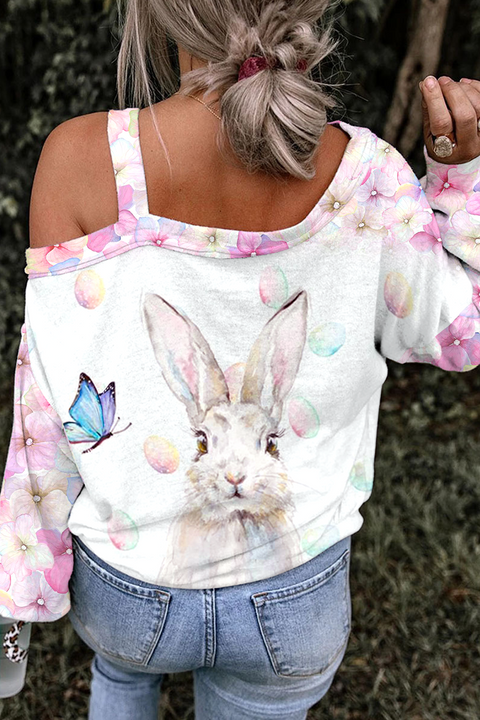 Easter Bunny Watercolor Pink Flower Easter Egg Printed Off-Shoulder Blouse