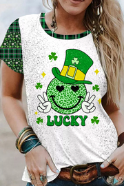 Shamrocks Smiling Face Lucky Happy St Patricks Leopard Glitter Short-sleeved T-shirt Top