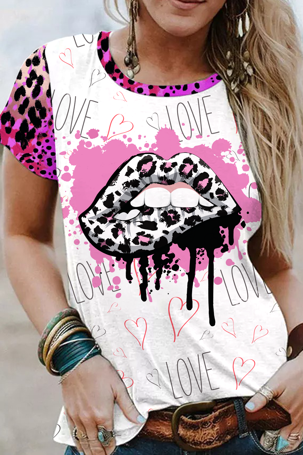 Pink Leopard Print Lips Short-sleeved T-shirt Top