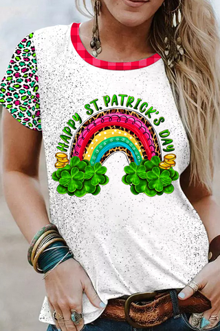 Rainbow and Shamrock Happy St Patricks Day Leopard Pattern Short-sleeved T-shirt Top