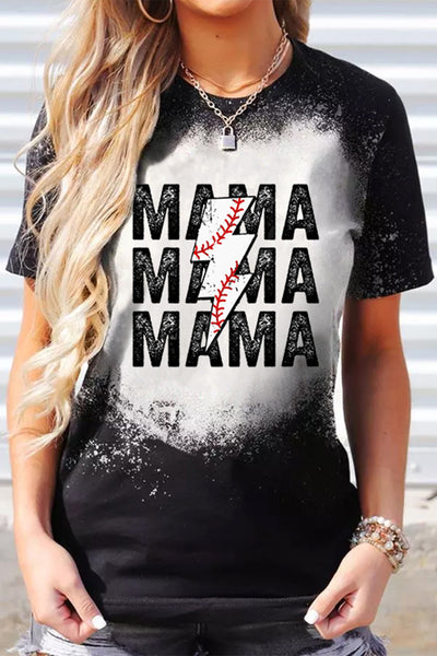 Baseball Mama Lightning Bolt Bleached Casual Short Sleeve T-shirt
