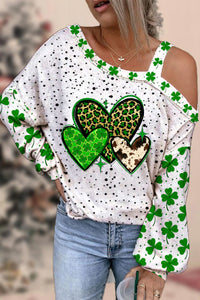 St. Patrick's Four Leaf Shamrock Leopard Cowhide Hearts Print Off-Shoulder Blouse
