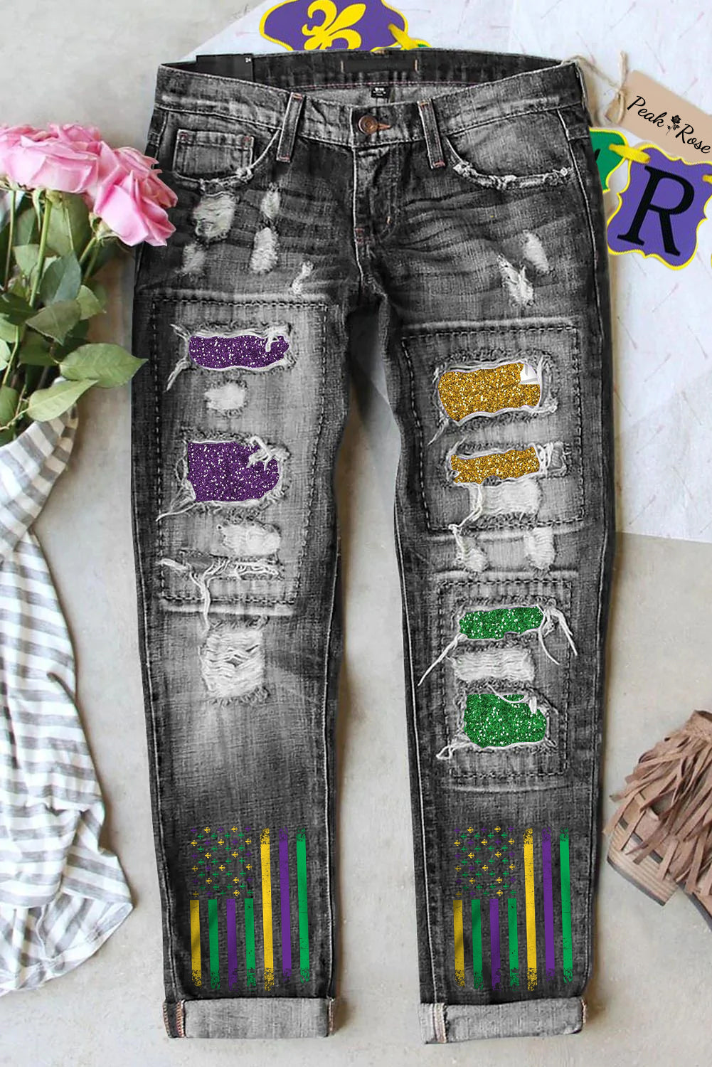 Casual Glitter Mardi Gras American Flag Print Denim Jeans