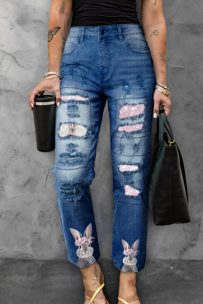 Glitter Cute Easter Bunny With Pink Wreath Printed Ripped Denim Jeans