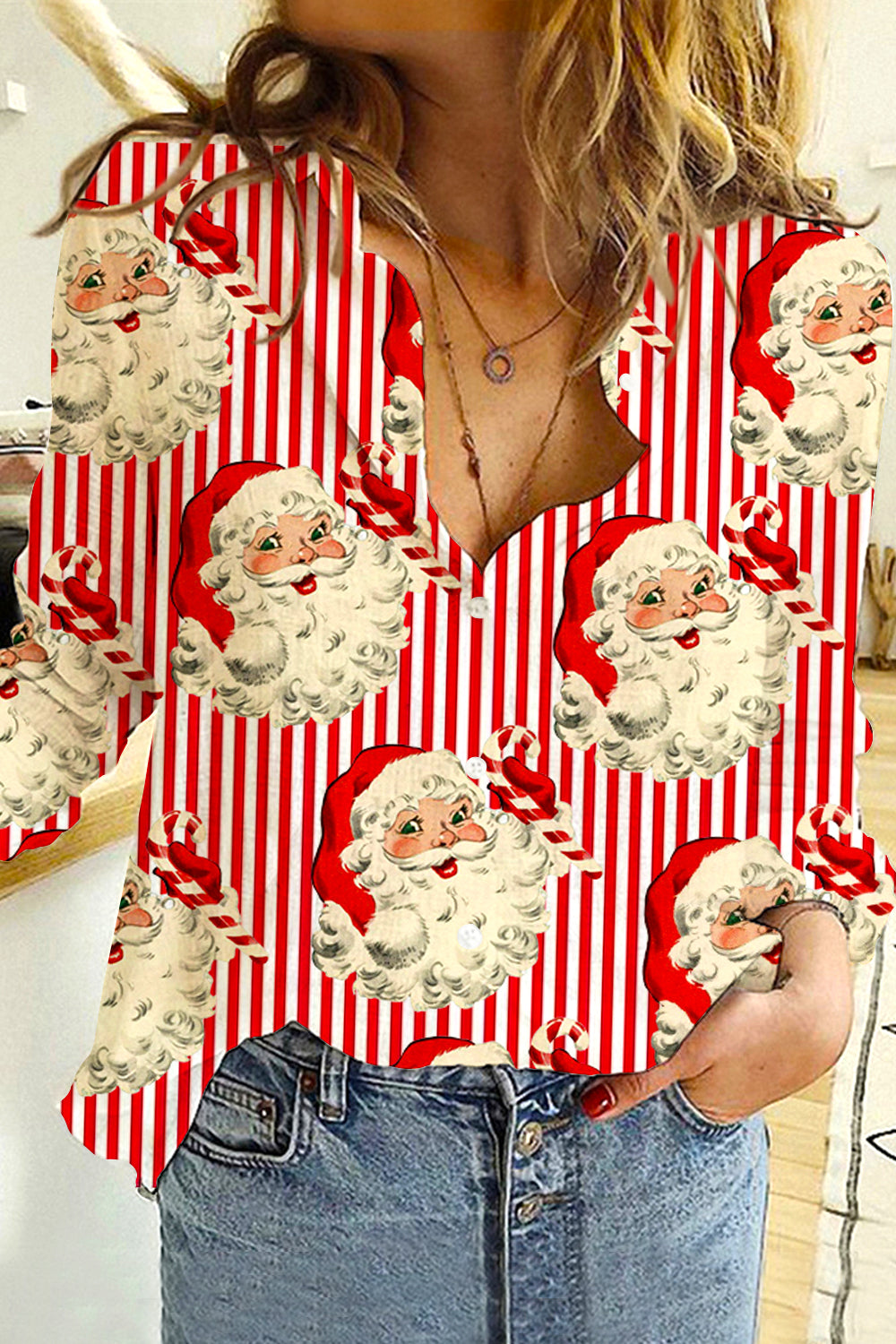 Red Striped Christmas Santa Print Open Button Long Sleeve Shirt