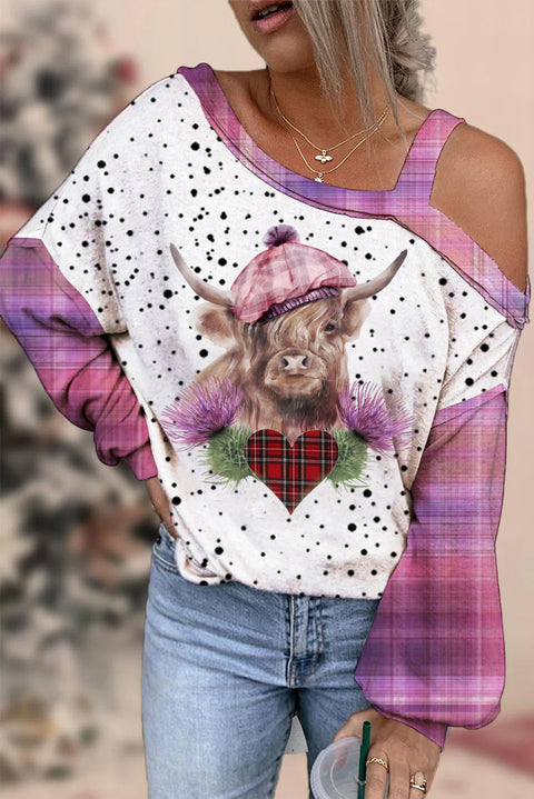 Plaid Highland Cow Off-shoulder Blouse