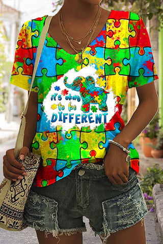 It's Okay To Be Different Elephant Autism Awareness Print V-neck T-shirt