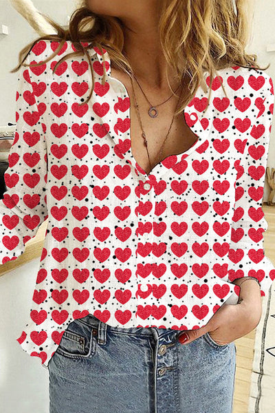 Red Heart Print Open Button Long Sleeve Shirt