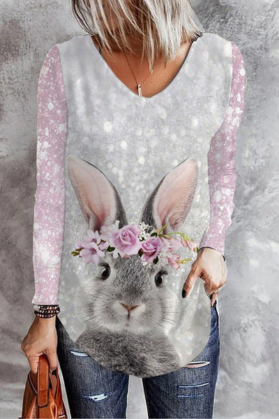 Glitter Cute Easter Bunny With Pink Wreath Printed Casual V Neck Long Sleeve T-Shirt