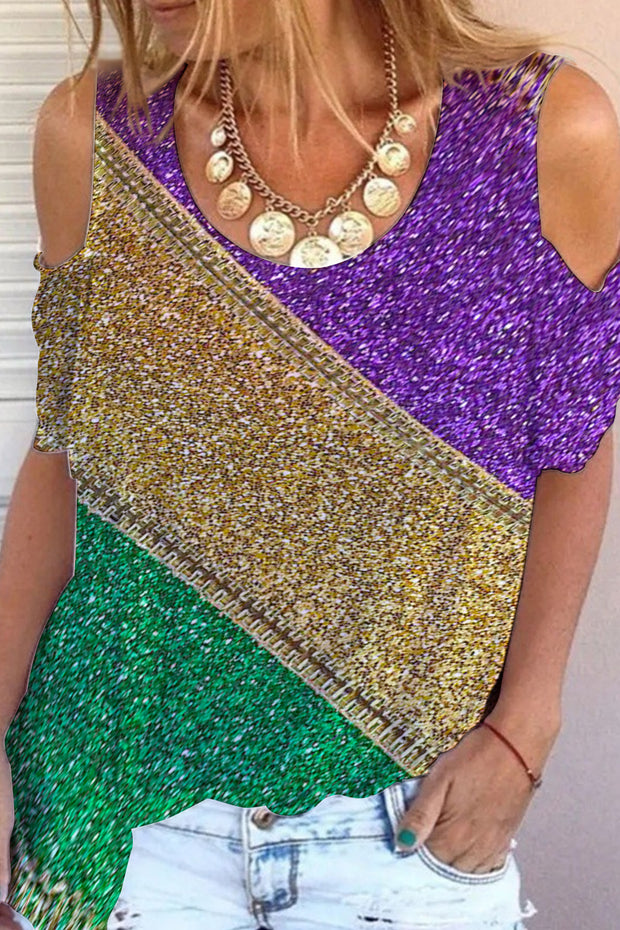 Retro Mardi Gras Carnival Purple Green And Gold Color Block Glitz Print Cold Shoulder T-shirt