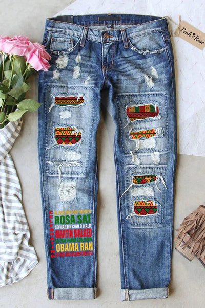 Vintage Black History Month African American Inspiring Printed Ripped Denim Jeans