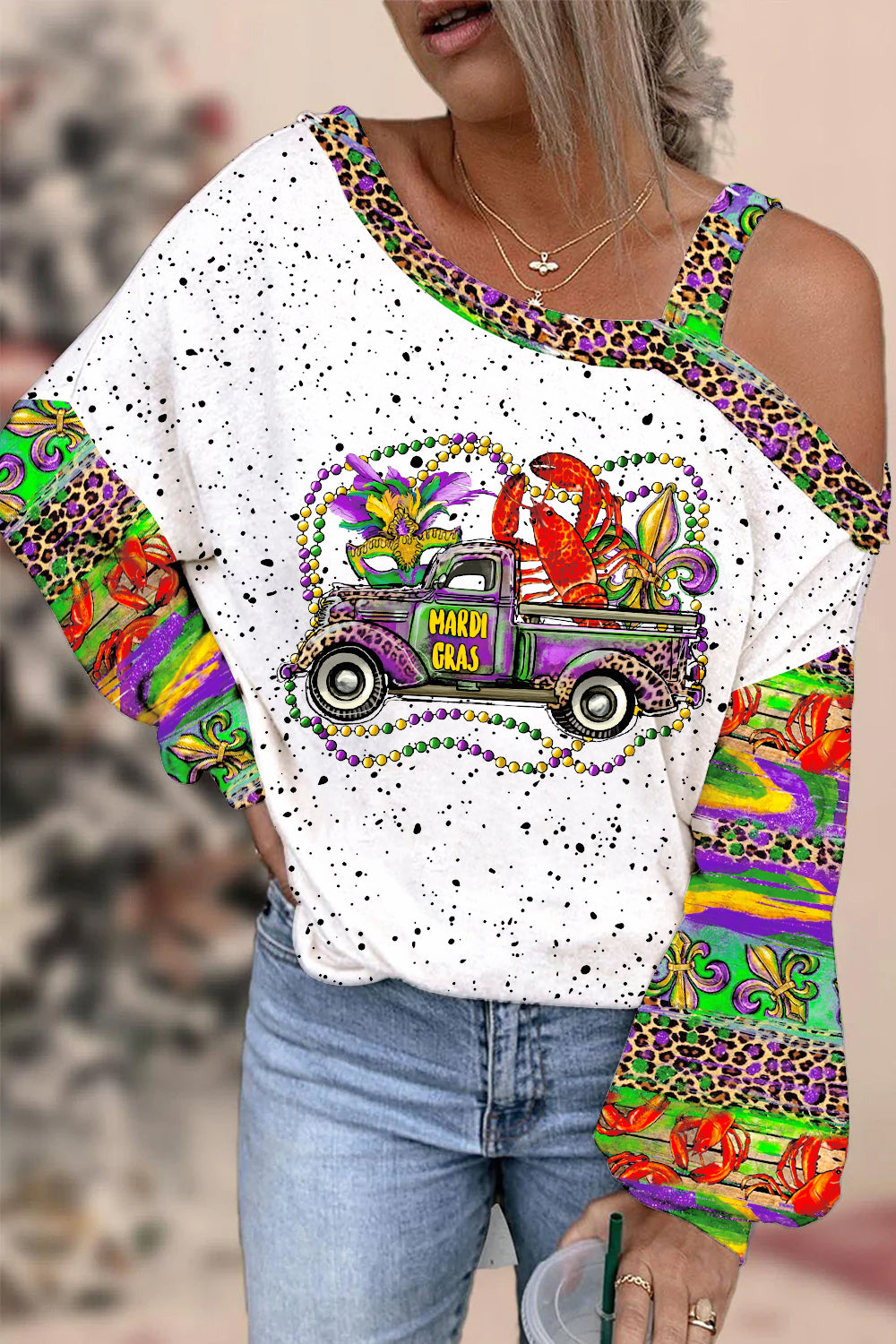 Mardi Gras Truck With Mask Fleur De Lis And Crawfish Western Leopard Print Off-Shoulder Blouse