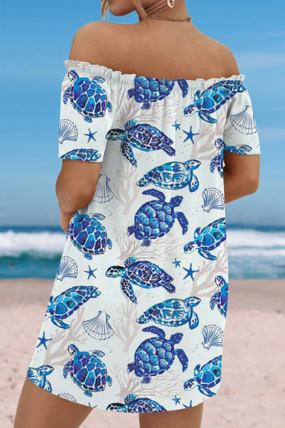 Beach Cycle Turtle Ruffled Boat Neck Strapless Dress