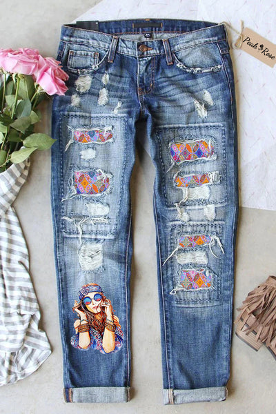 Retro Hippie Girl Boho Bohemia Printed Ripped Denim Jeans