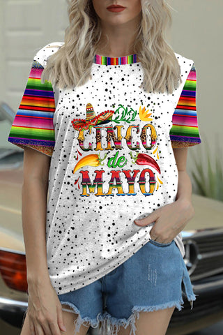 Cinco De Mayo With Sombrero Hat And Peppers Print Round Neck T-shirt