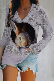 Purple Vintage  Flowers Easter 3D Cute Bunny Printed V-neck Long Sleeve Tee