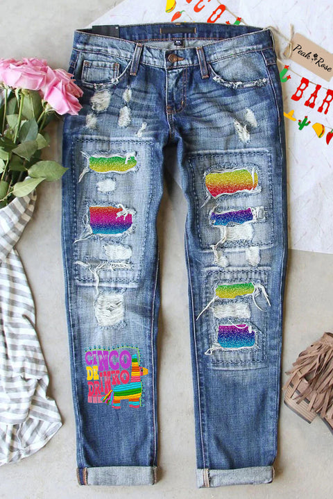 Cinco De Drinko Horse Mexican Festival Printed Ripped Denim Jeans