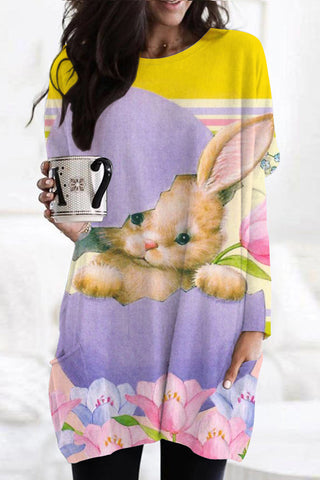 Vintage Cute Easter Bunny With Broken Egg Printed Tunic with Pockets