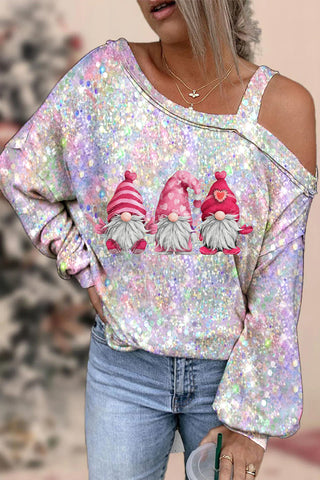 Pink Gnomes Glitter Print Off-shoulder Blouse