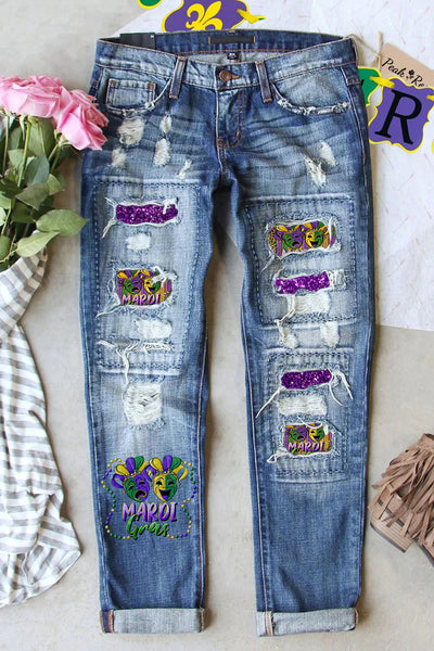 Casual Mardi Gras Mask With Beads Print Bleached Denim Jeans