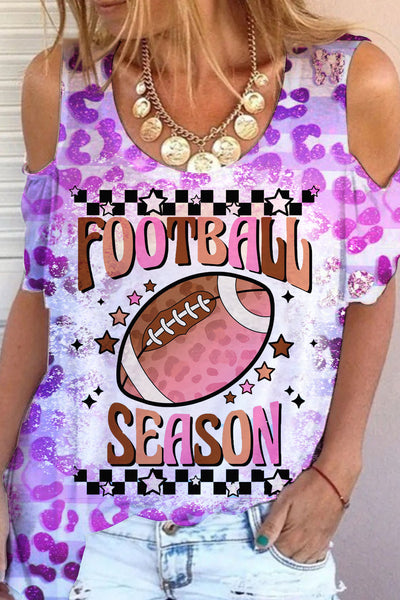 Tie Dye Gradient Leopard Stylish Checkerboard Football Cold Shoulder T-Shirt