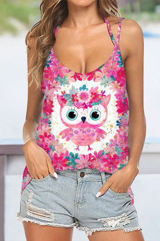 Cute Pink Floral Owl Print Beach Halter Top
