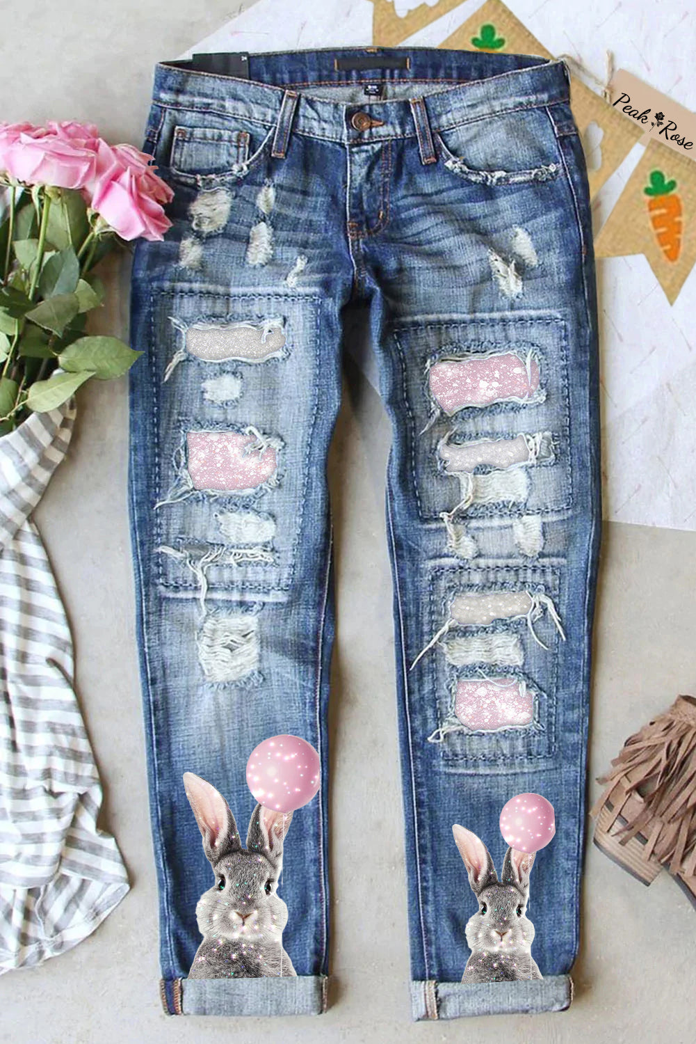 Glitter Cute Easter Bunny Holding A Pink Balloon Printed Ripped Denim Jeans