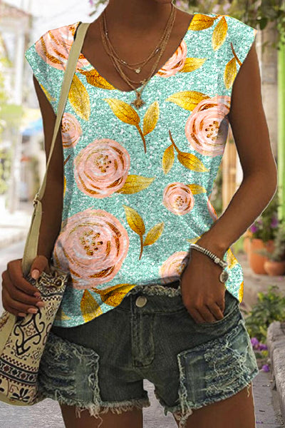 Glitter Roses Floral Print Tank Top