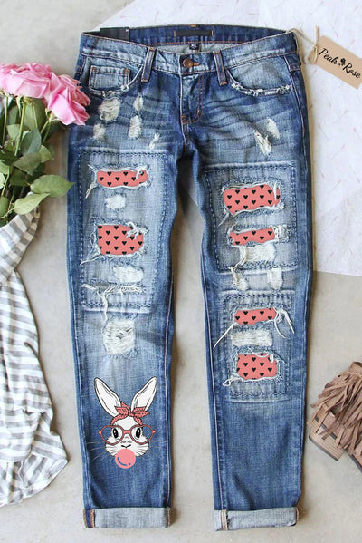 Pink Heart Polka Dots Cute Bunny Rabbit With Bandana Glasses Bubblegum Ripped Denim Jeans